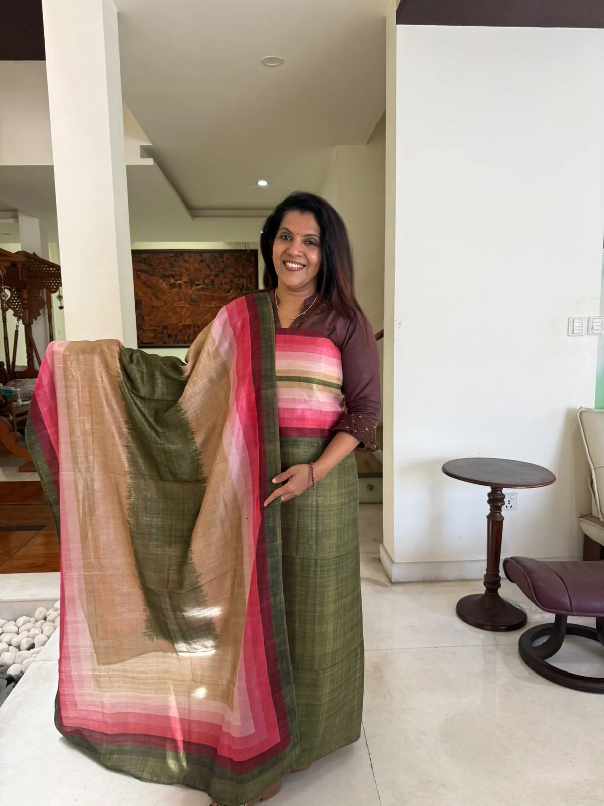 Olive & Pink Semi Raw Silk Unstitched Suit