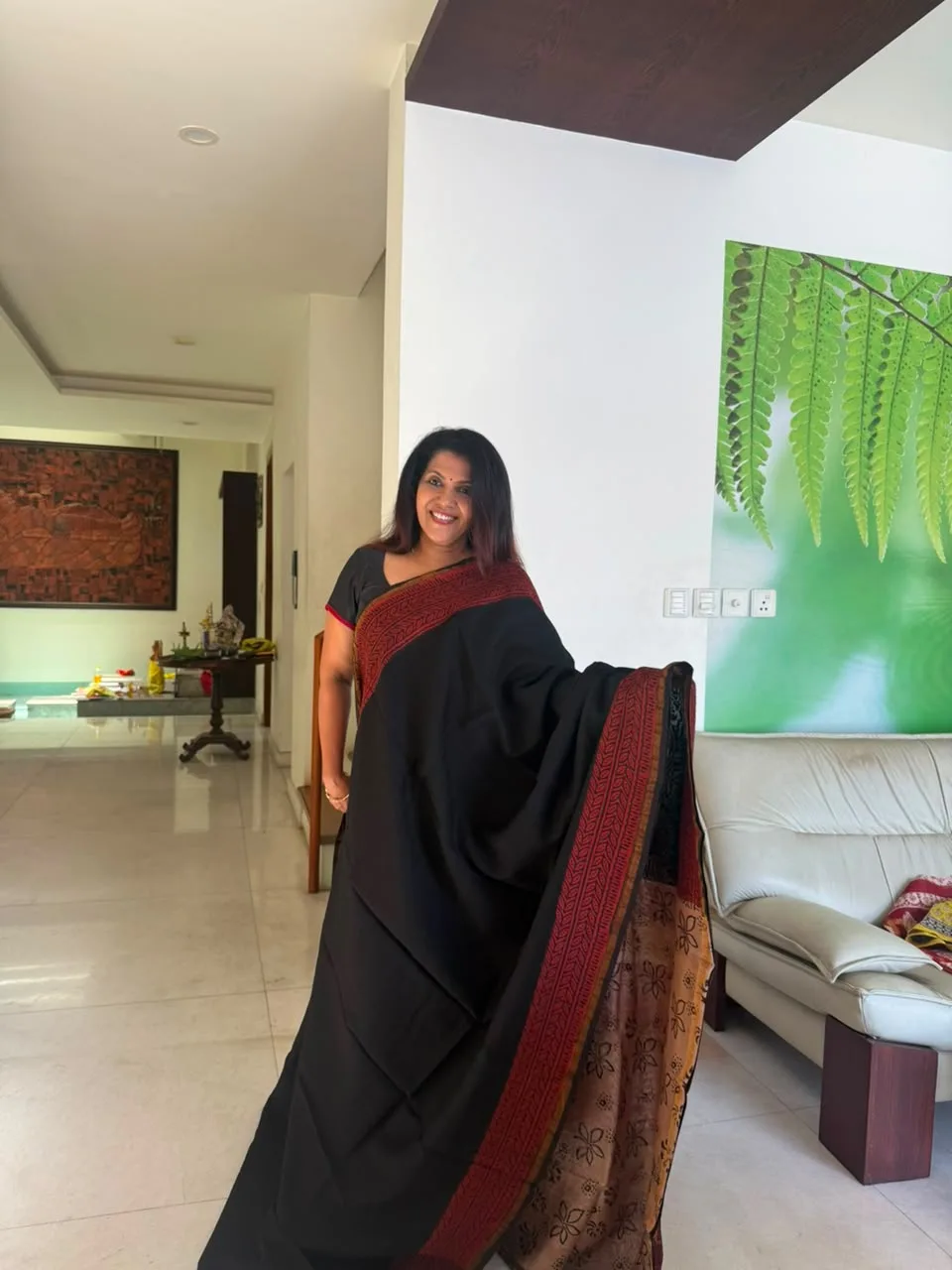 Black & Red Hand Block Chanderi Silk Saree, photo 3 of 3