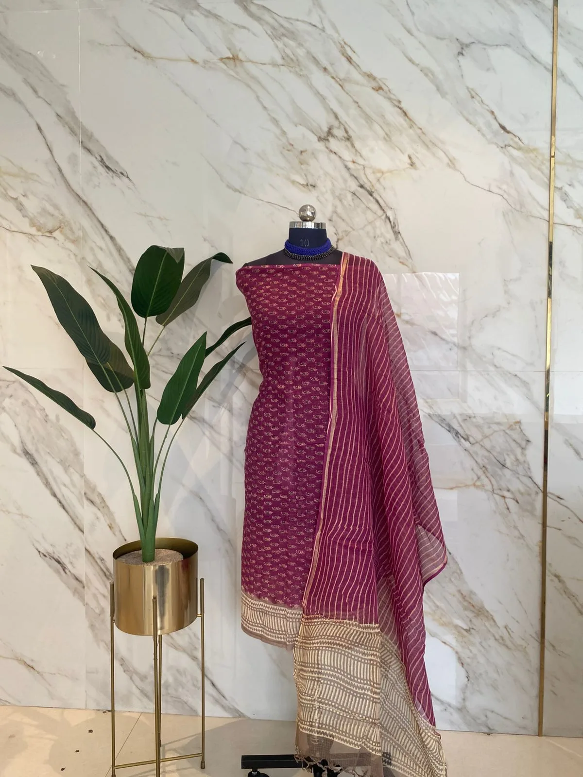 Magenta Kota Doria Unstitched Suit