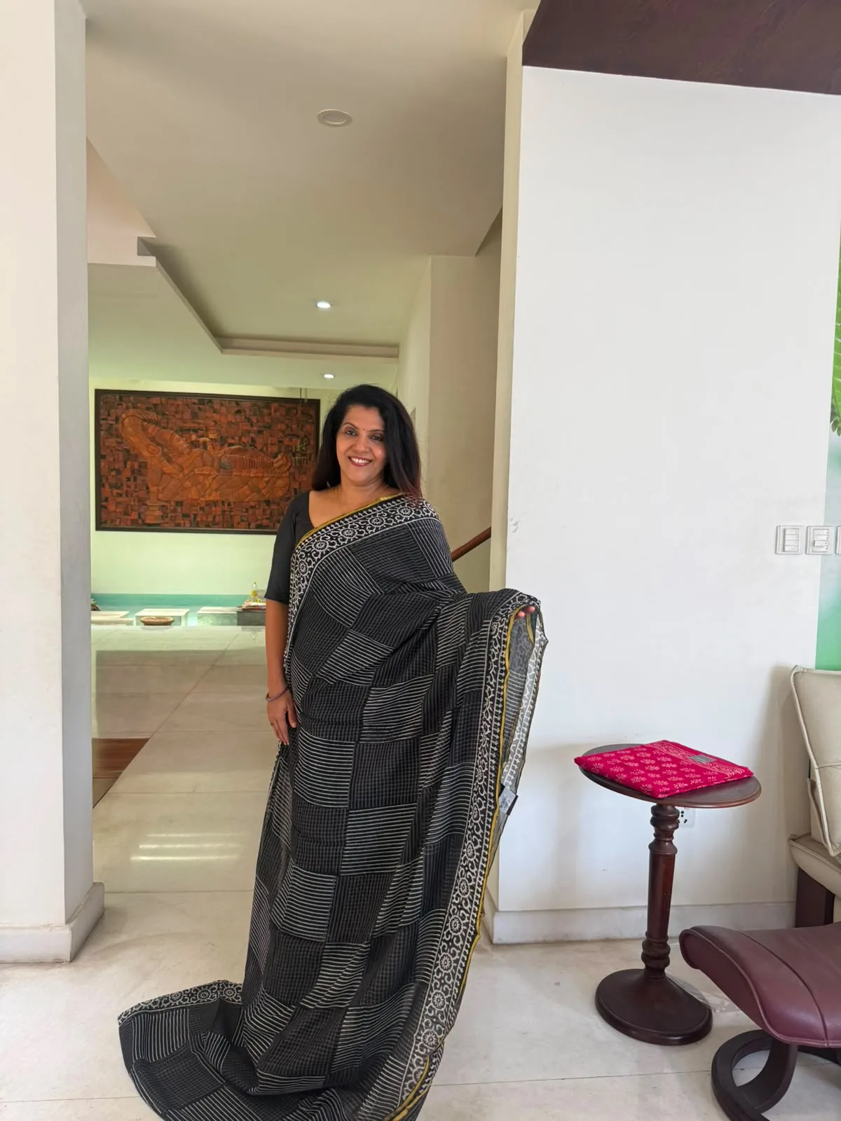 Charcoal Grey Double Diamond Chiffon Saree