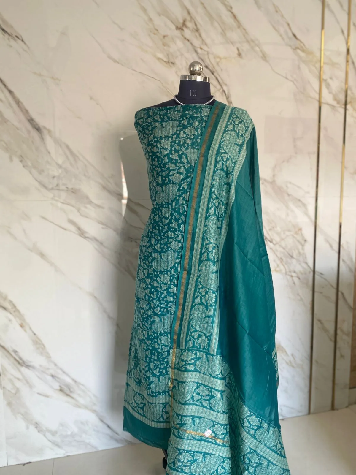 Teal Maheshwari Silk Unstitched Suit