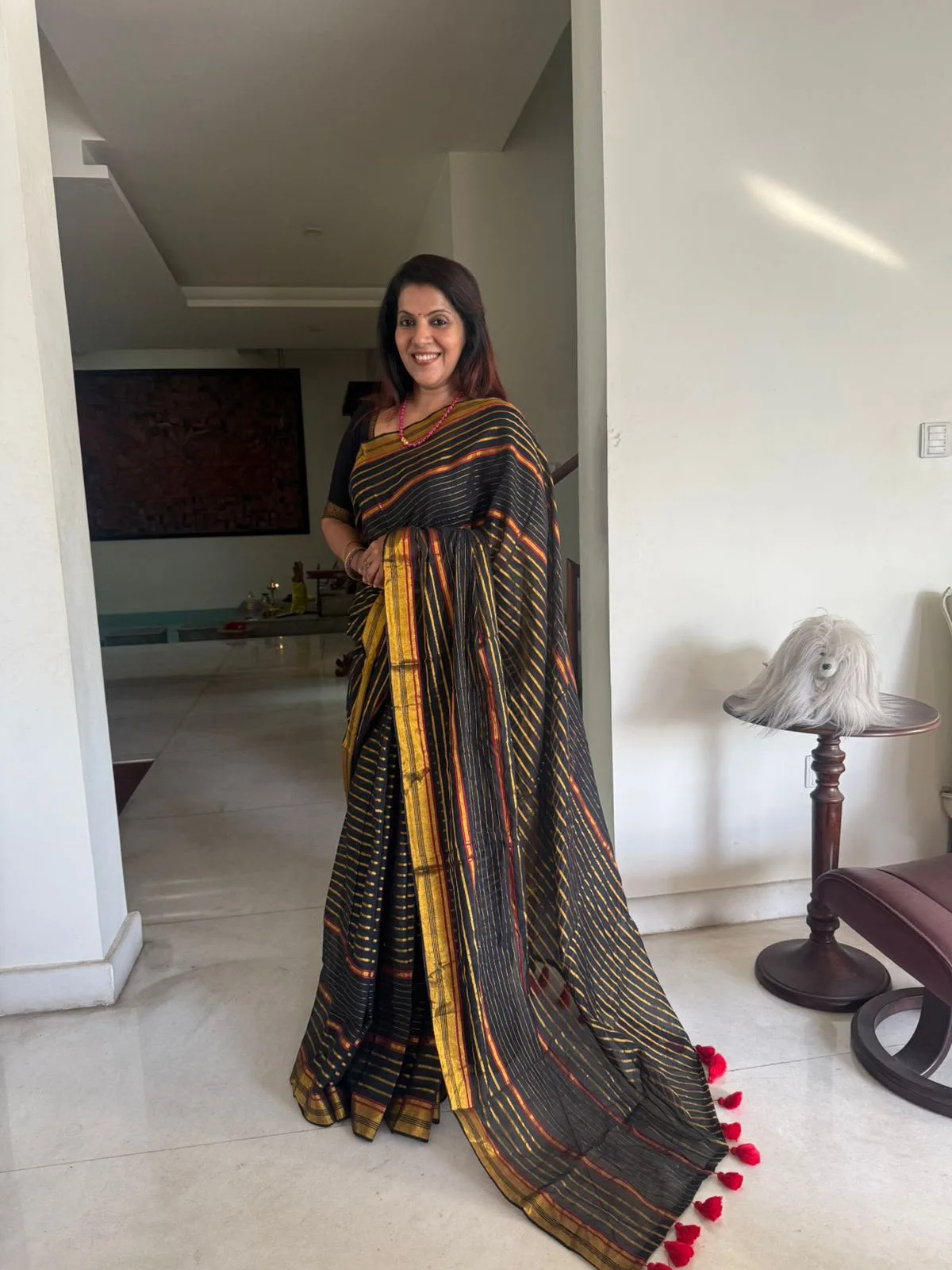 Black & Gold Stripe Mul Cotton Saree, photo 3 of 3