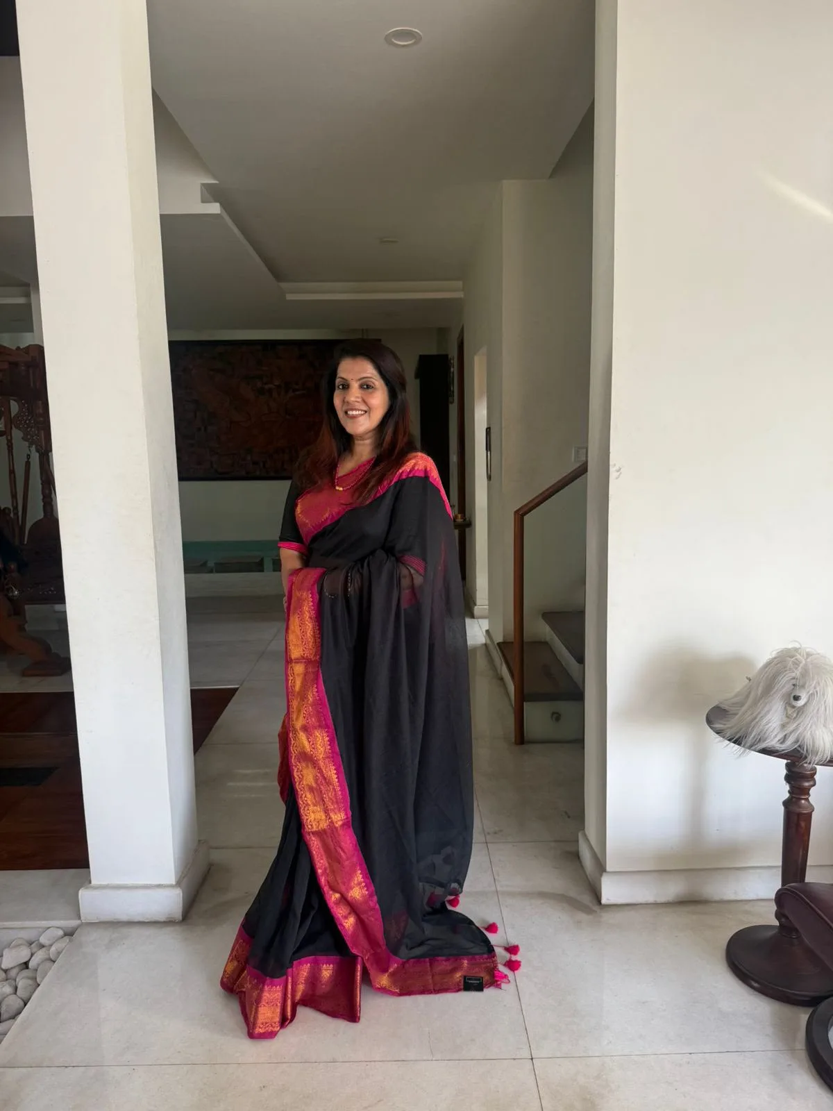 Black Mul Mul Cotton Saree with Red Border