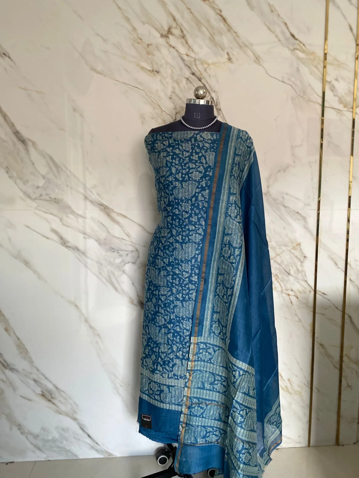 Peacock Blue Maheshwari Silk Unstitched Suit